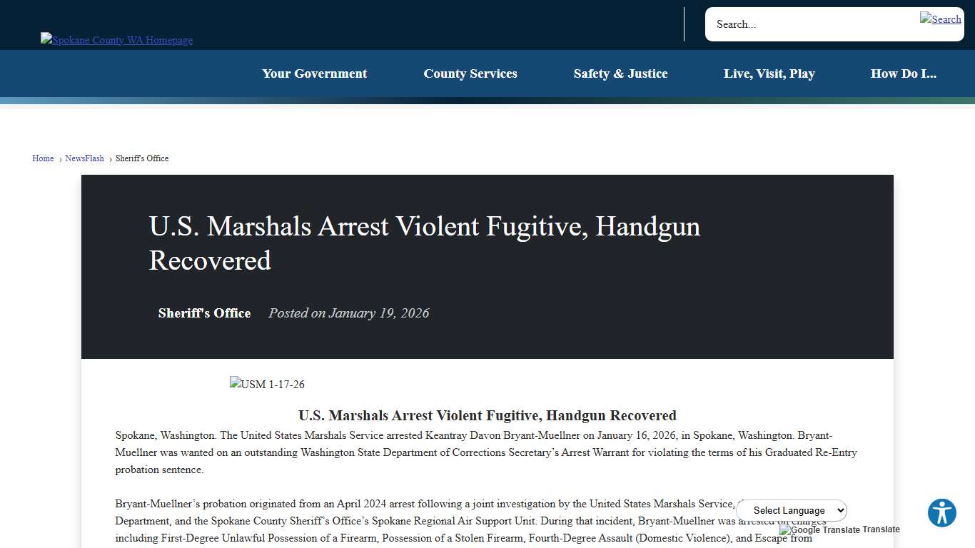 U.S. Marshals Arrest Violent Fugitive, Handgun Recovered • Spokane County, WA